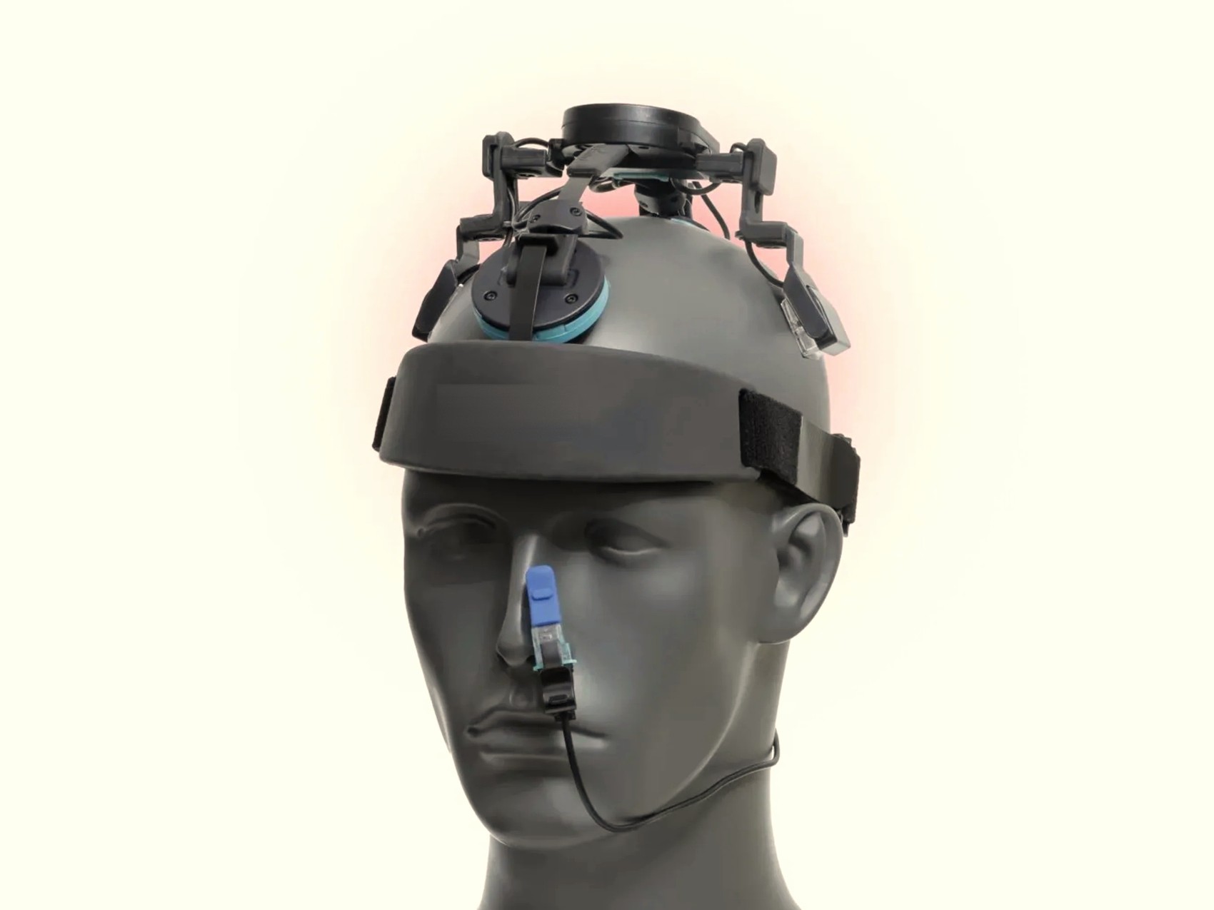 A transcranial and intranasal photobiomodulation light-therapy headset on a display head