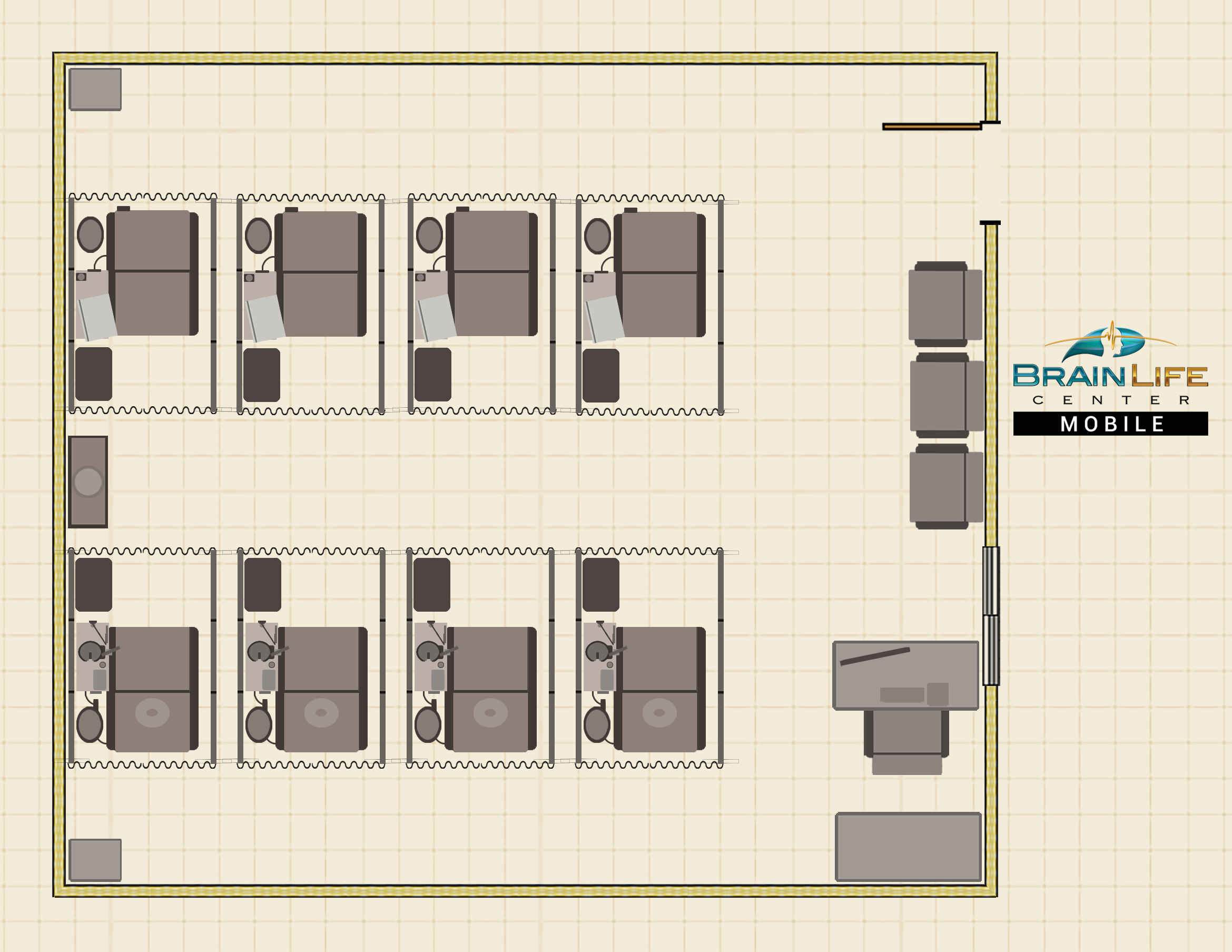 Blueprint floor plan of a Brain Life Center Mobile pop-up, showing eight neurofeedback stations and a reception area